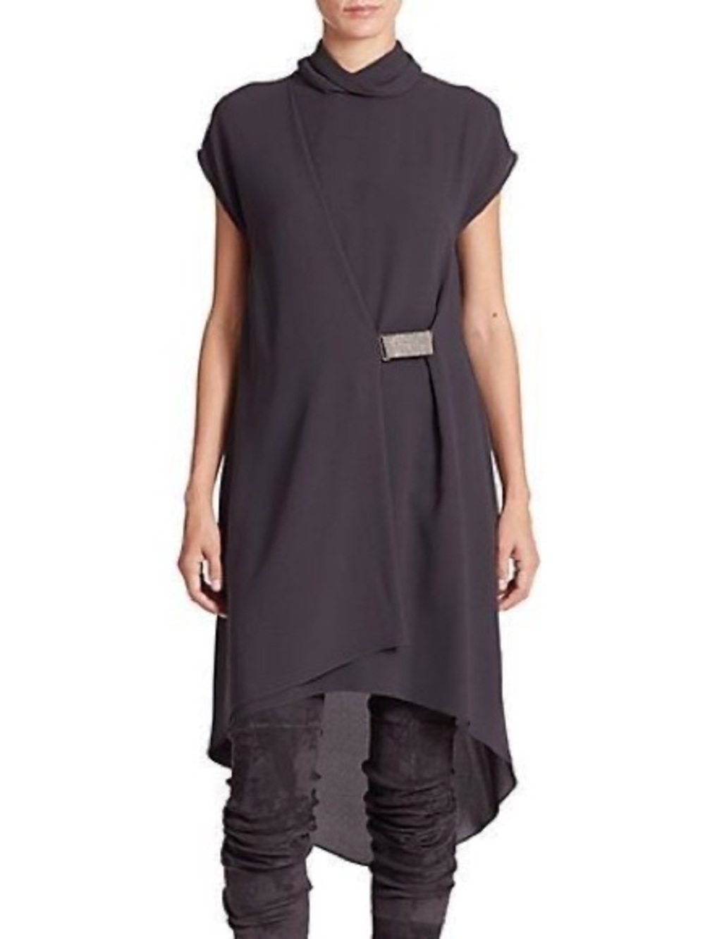 Brunello Cucinelli Draped Silk Mockneck Gray Cap Sleeve Monili Tunic Mini Dress - Picture 2 of 16